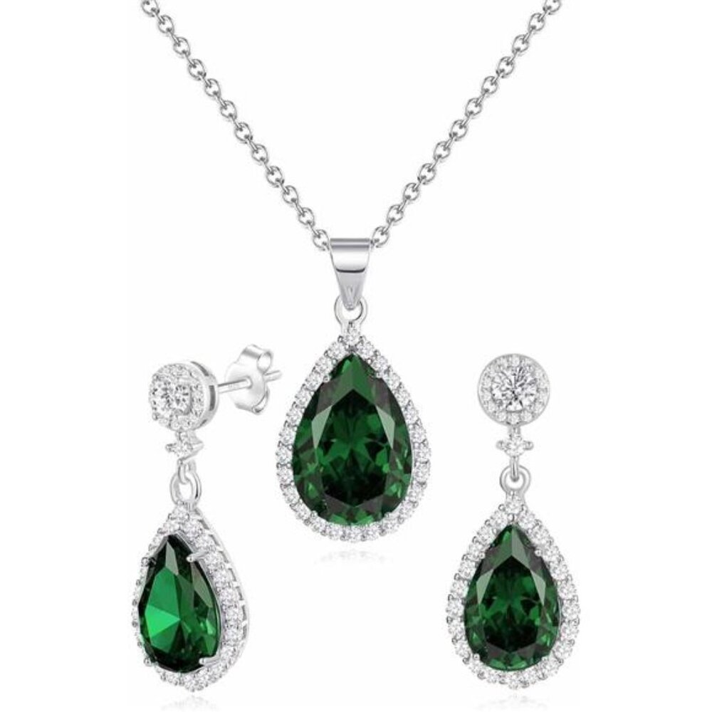 Teardrop Jewelry Set Women Crystal Necklace Earrings Sterling Silver Wedding Pro